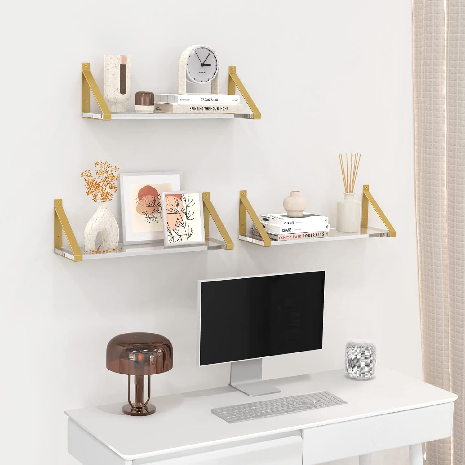 Clear Shelves Gold Floating Wall Mounted Set of 2 8mm Transparent Acrylic Invisible Display Decor