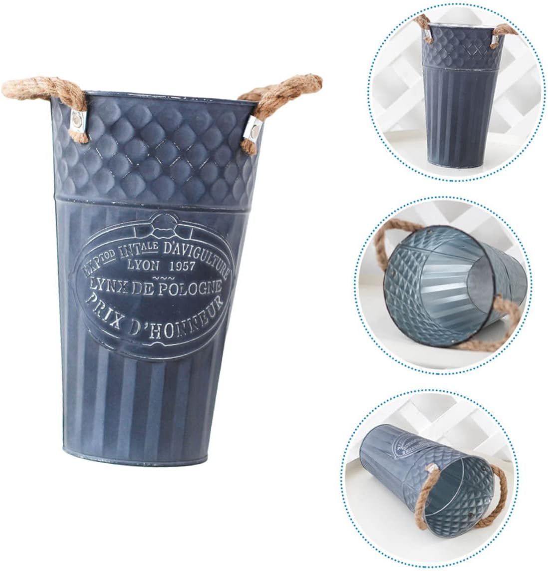 VINTORKY Iron Planter Flower Container Rustic Vintage Blue Vase for Home Decor