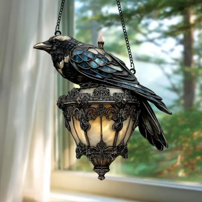 Raven Gothic Lantern 2D Acrylic Suncatcher Black Crow Decor for Halloween and Dark Academia