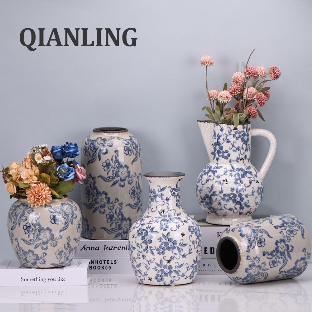 Qianling Blue and White Floral Vase - 67 Vintage Ceramic Decor Vase