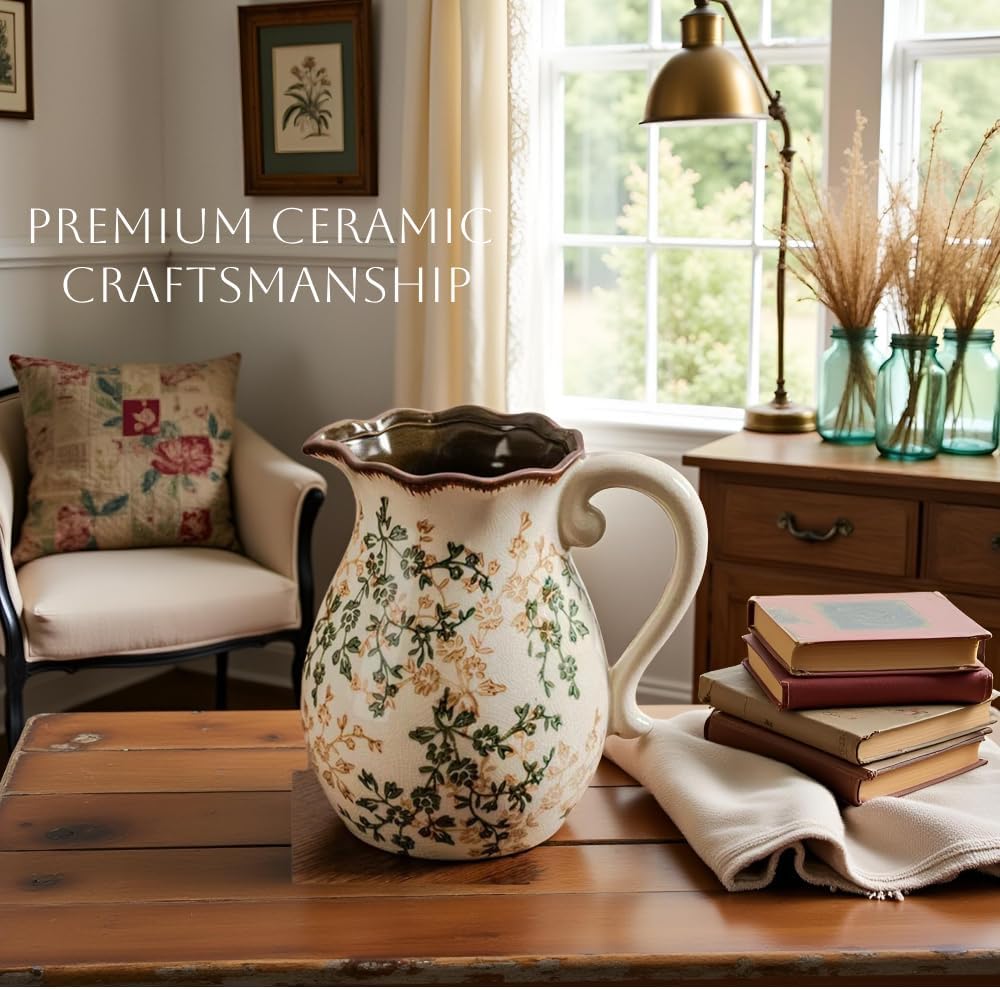 Vintage Vase with Handle - Green and Beige Rustic Ceramic Farmhouse Vase