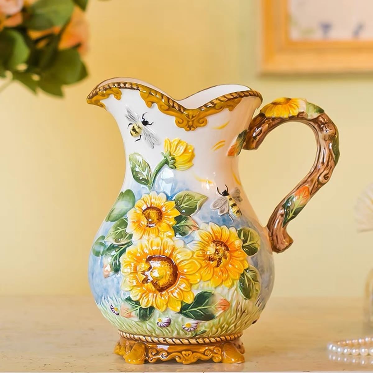 FORLONG Large Ceramic Water Pitcher Flower Vase with Sunflower and Bee Design Yellow 87 Inches Height