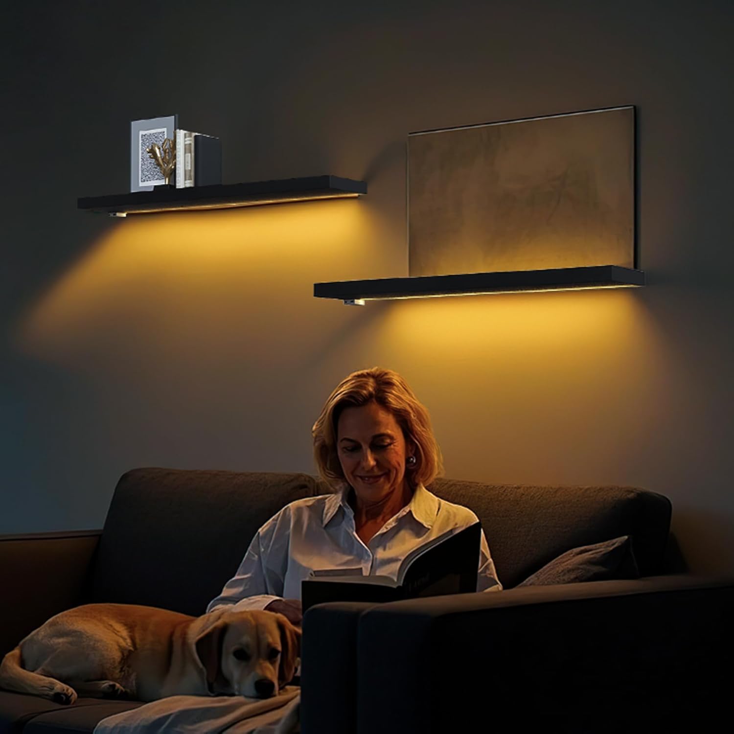 BAMEOS Black Floating Shelves with LED 31 Set of 2