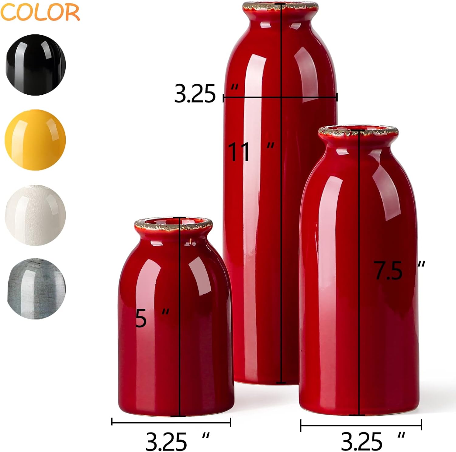Ceramic Red Vase Set 3 Piece Modern Farmhouse Decor