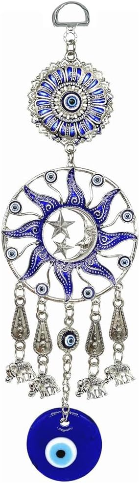 Turkish Evil Eye Wall Hanging with Blue Silver Sun Moon Stars and Elephant Charms