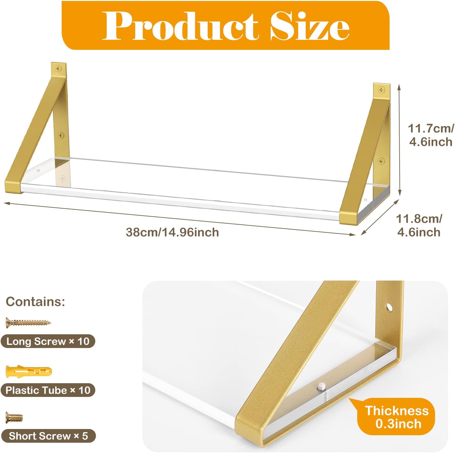 Clear Shelves Gold Floating Wall Mounted Set of 2 8mm Transparent Acrylic Invisible Display Decor