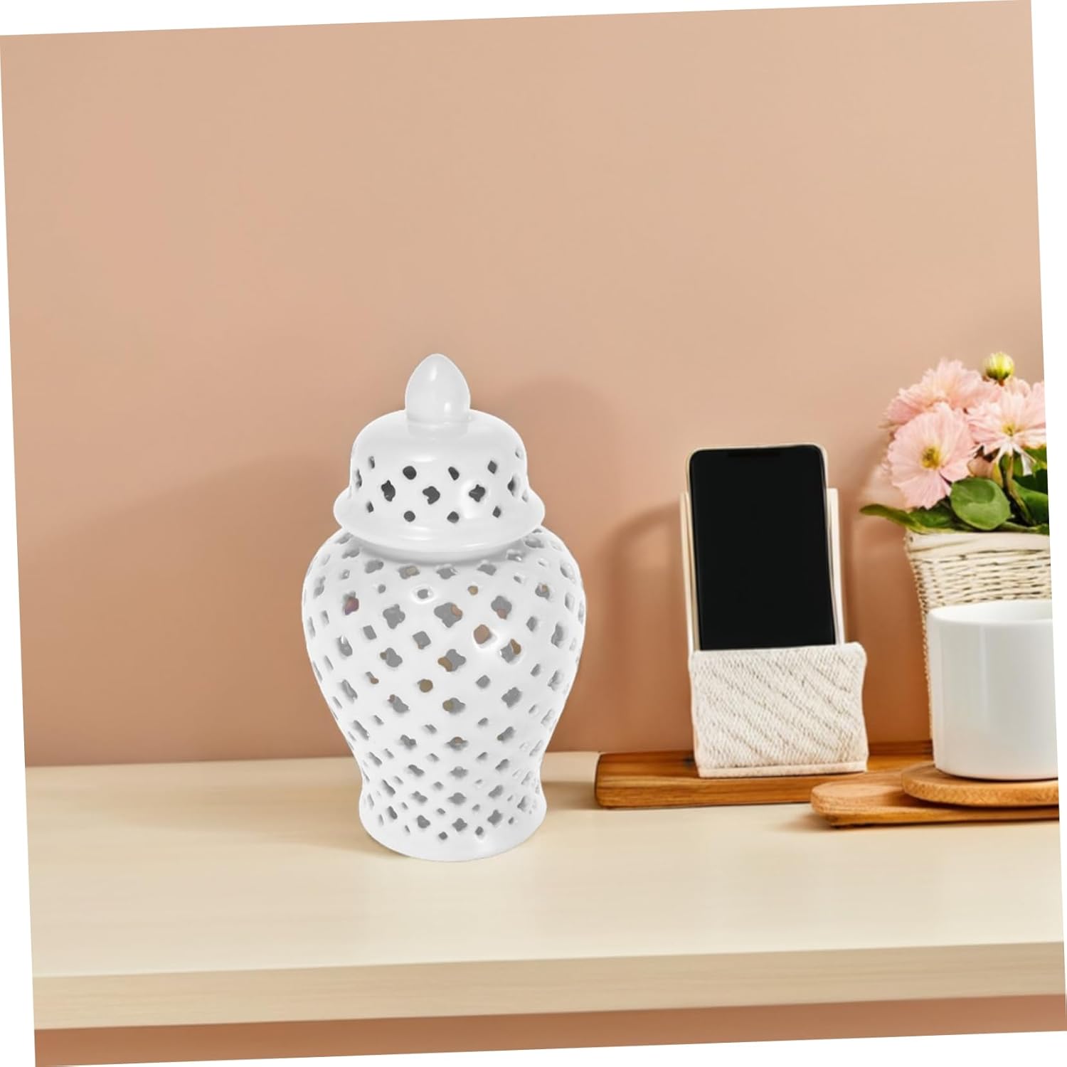 STOBAZA Ceramic Hollow Flower Vase White Vintage Decorative Jar