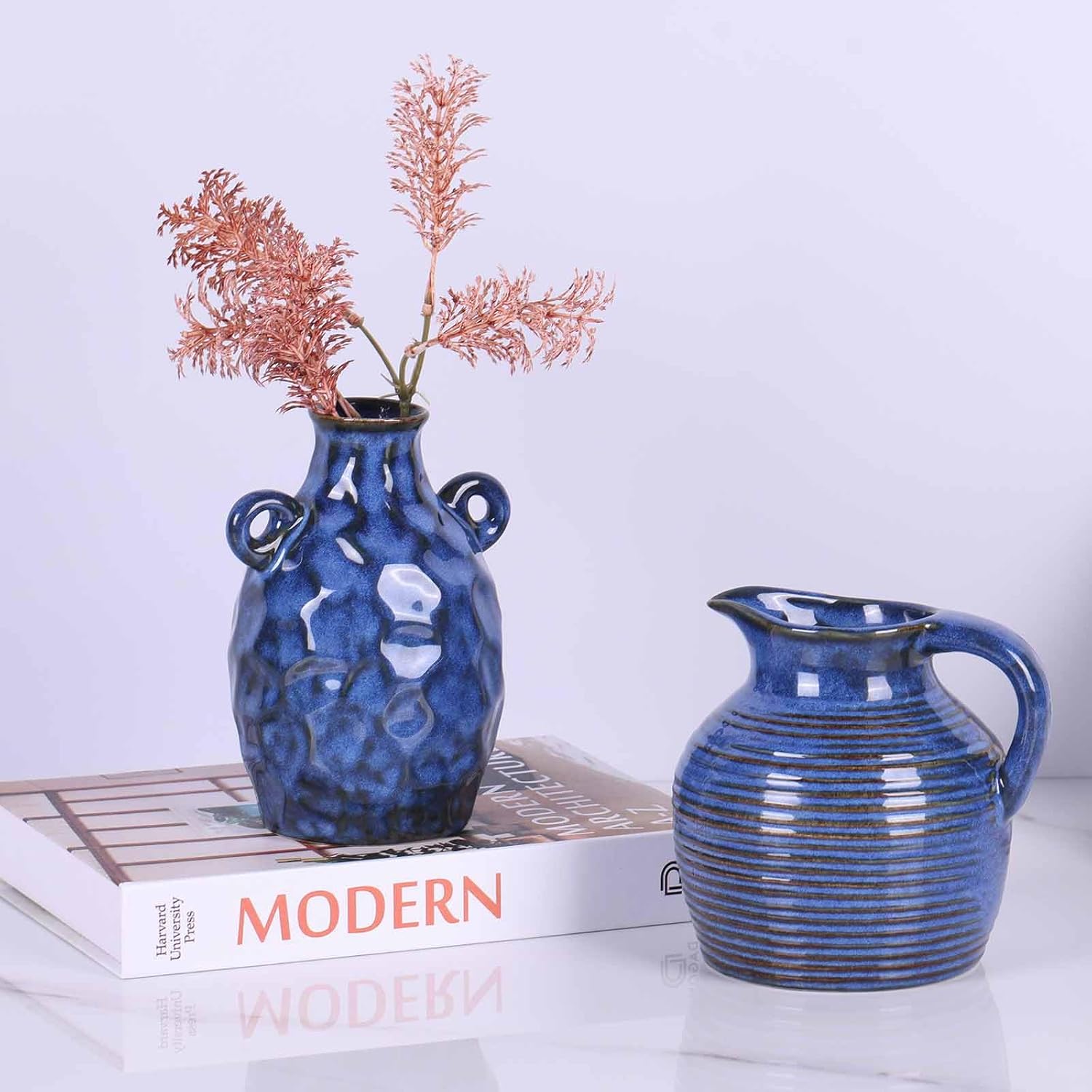 LCCCK Blue Ceramic Vase with Handle
