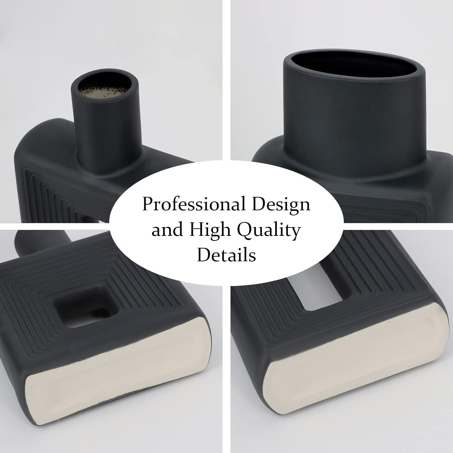 Black Ceramic Vase Set of 2 Modern Geometric Design