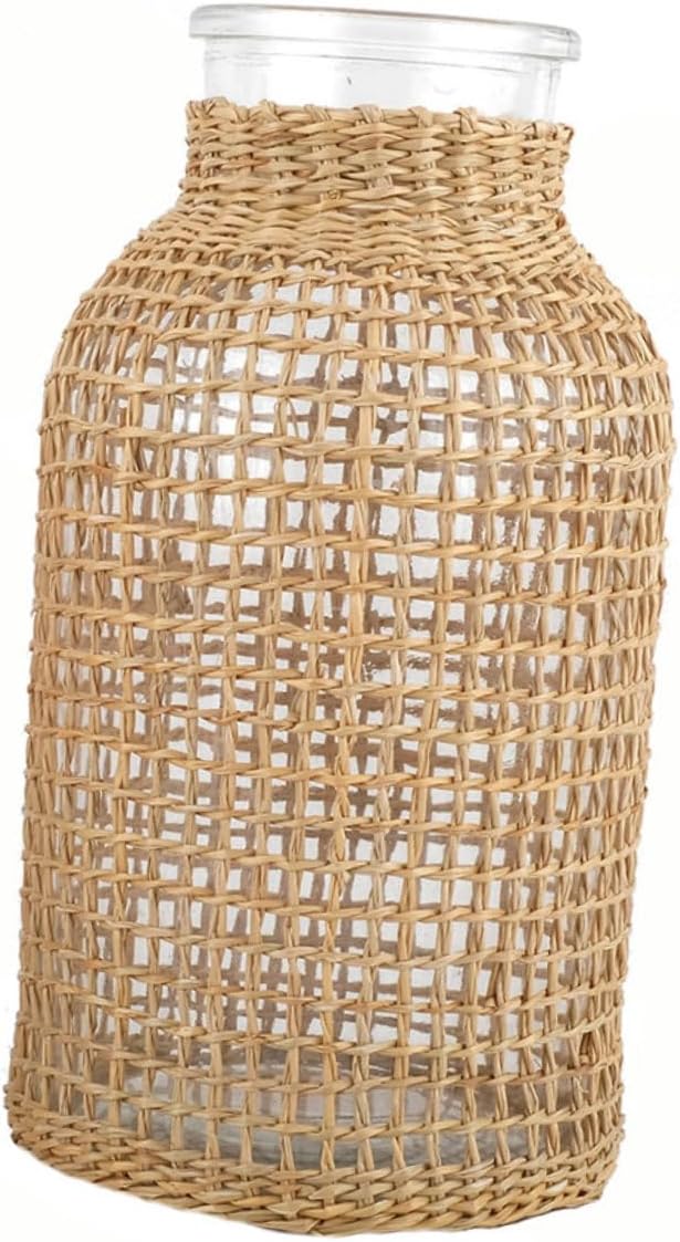 STOBAZA Style Glass Desktop Vase with Light Brown Wicker Design