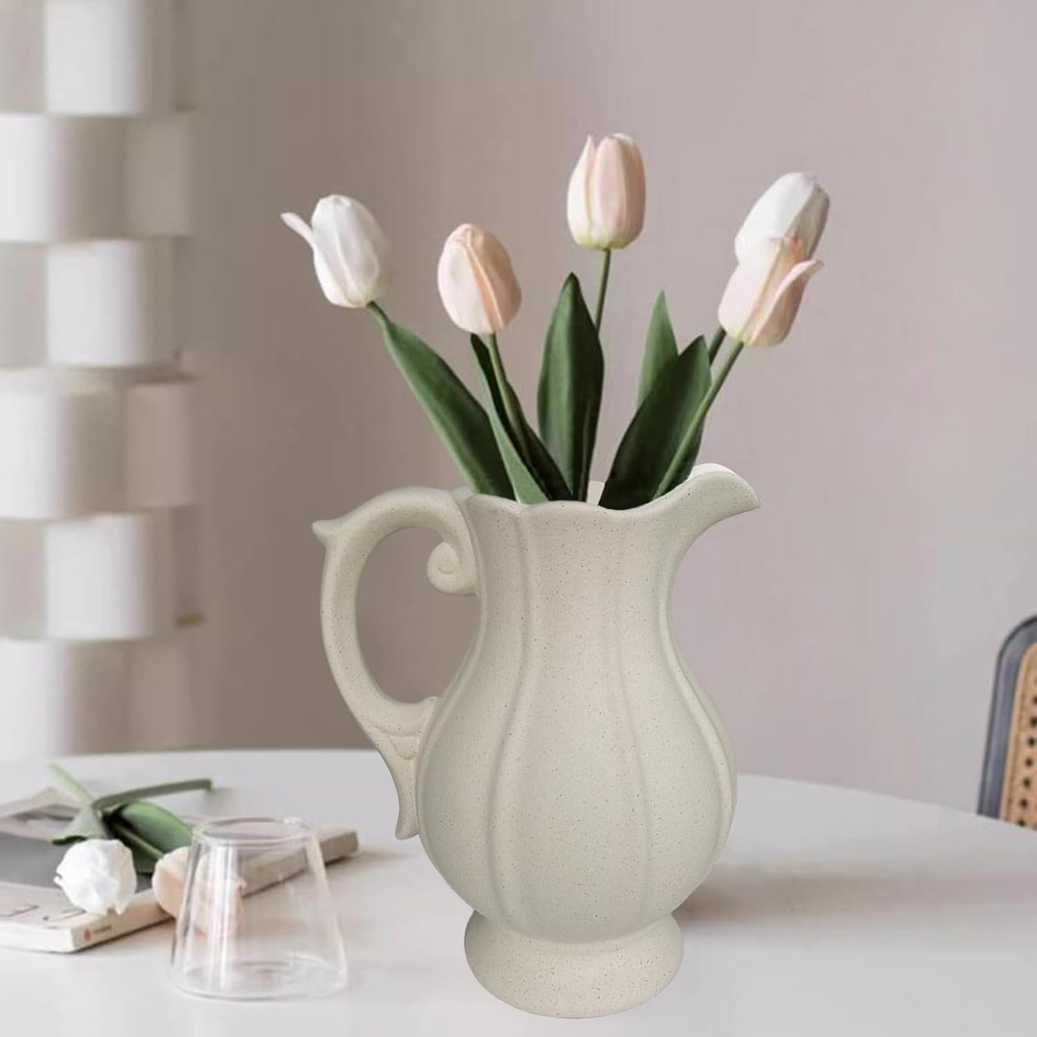 Large Rustic Ceramic Vase with Handle for Home Decor