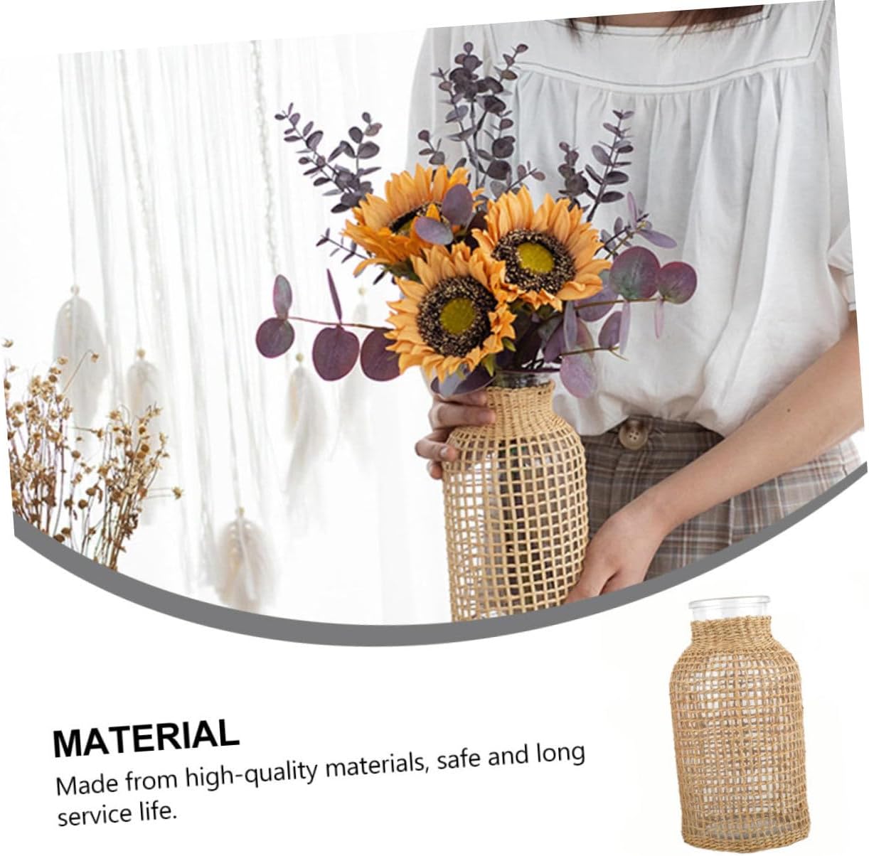 1Pc Decorative Straw Woven Glass Vase for Dried Flowers and Plants Light Brown Desktop Adornment Home Decor