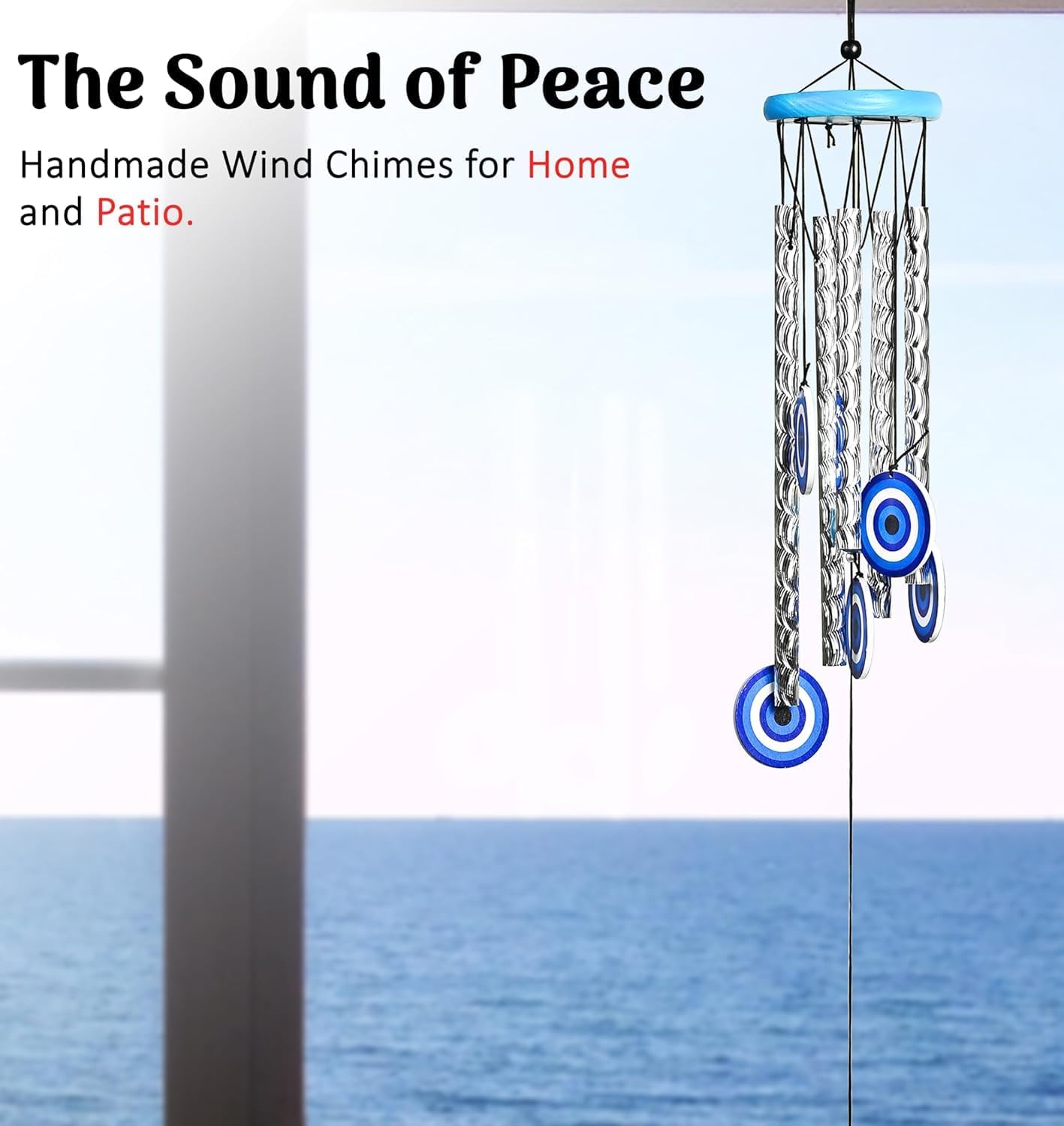BEZAVO 27-Inch Evil Eye Wind Chime with 5 Silver Pipes