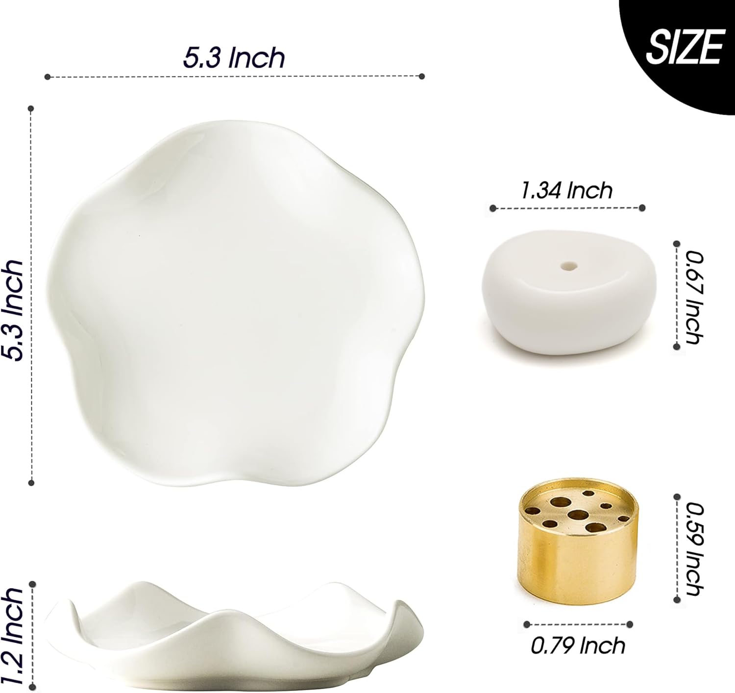 Elegant Ceramic Incense Holder Set with Wave Shape and Brass Holder - White