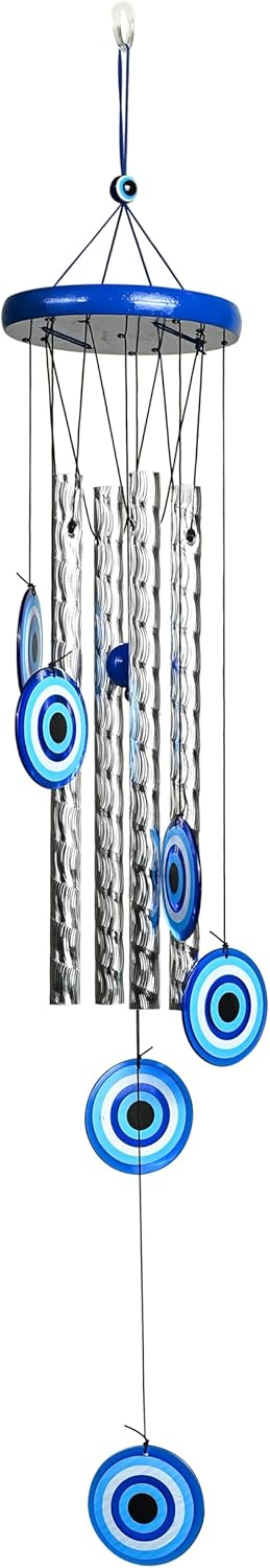 BEZAVO 27-Inch Evil Eye Wind Chime with 4 Silver Pipes