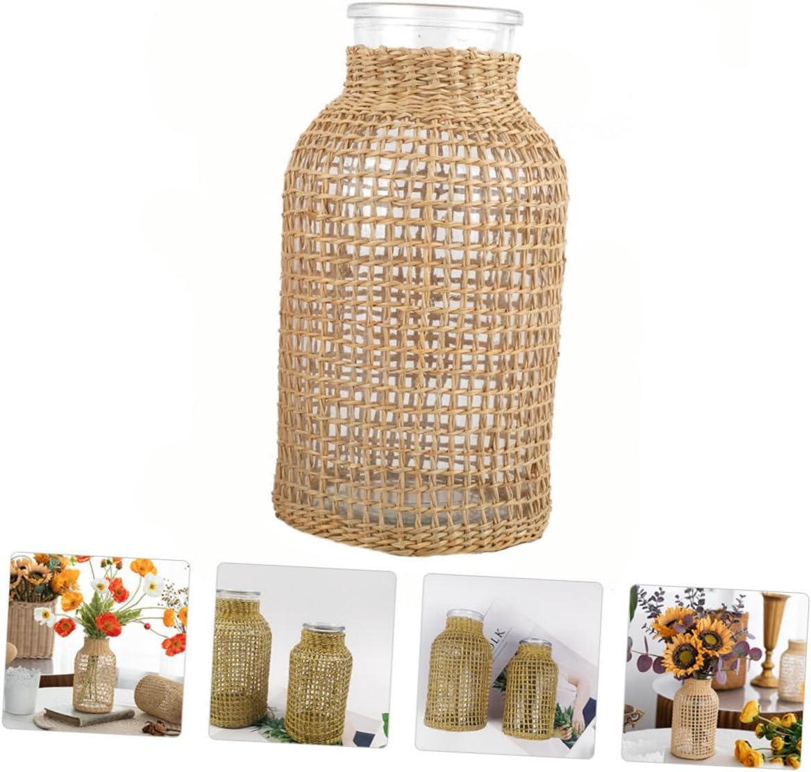STOBAZA Style Glass Desktop Vase with Light Brown Wicker Design