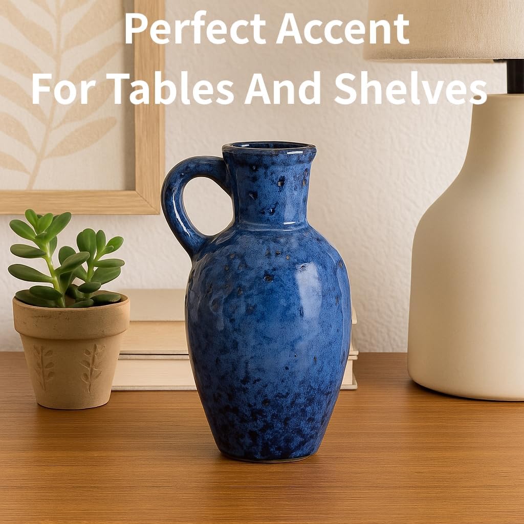 Rustic Blue Ceramic Jug Vase with Handle
