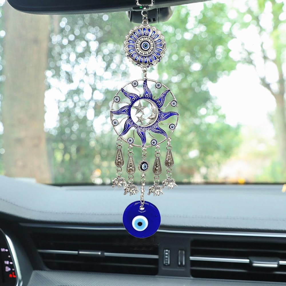 Turkish Evil Eye Wall Hanging with Blue Silver Sun Moon Stars and Elephant Charms