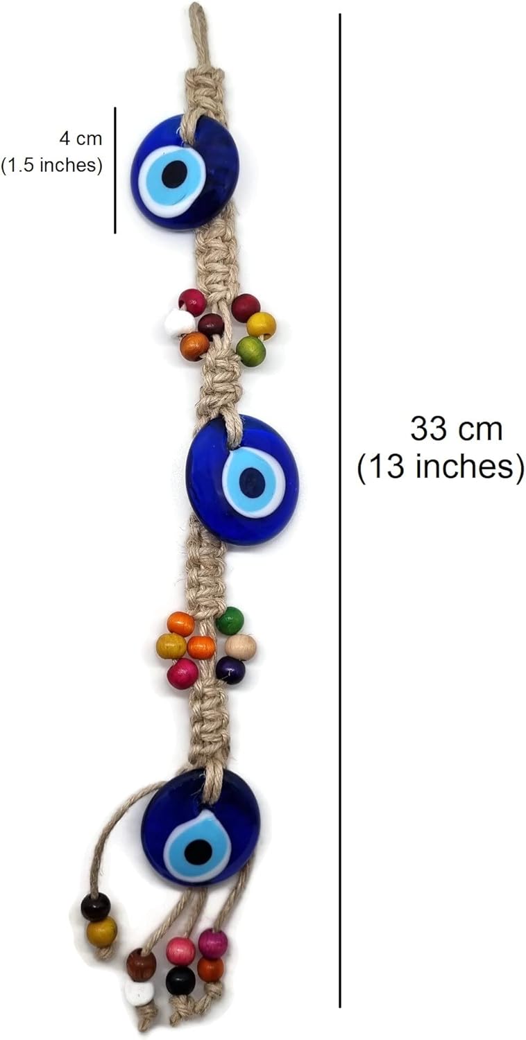 Mystic Jewels Three Turkish Eye Ornament Glass with Wood Beads for Hanging