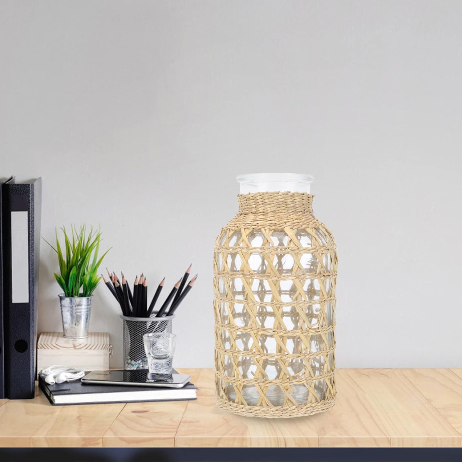 Stobaza 1Pc Rattan Woven Glass Vase for Home Decor
