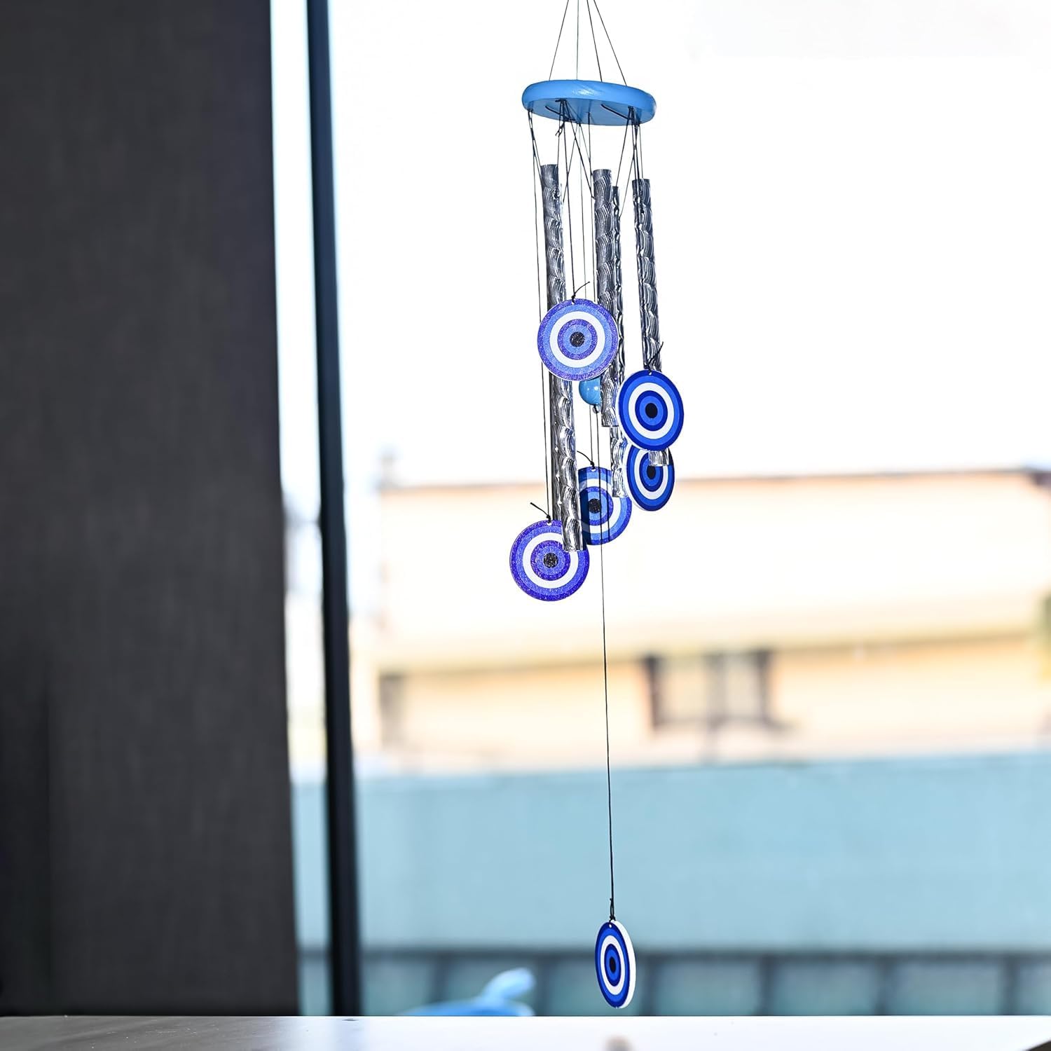 BEZAVO 27-Inch Evil Eye Wind Chime with 4 Silver Pipes