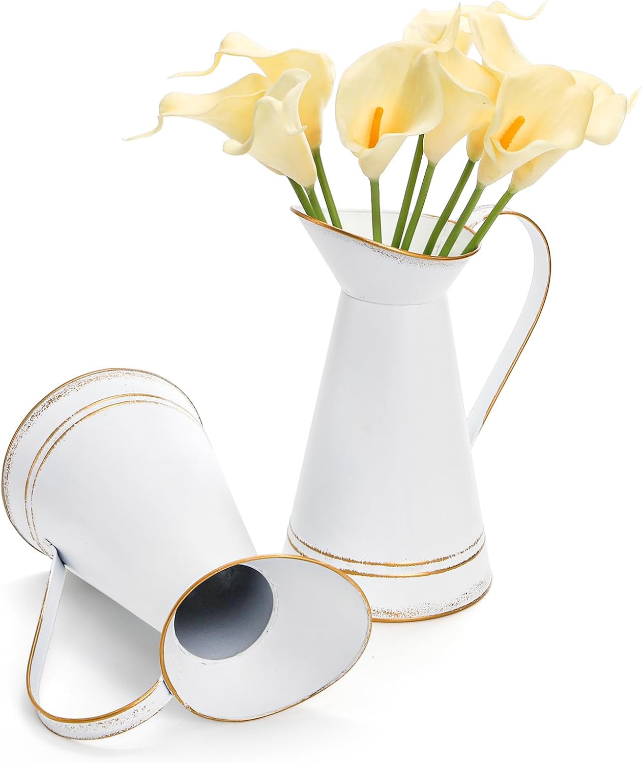 Elsjoy 2 Pack Metal Pitcher Vases with Gold Rim
