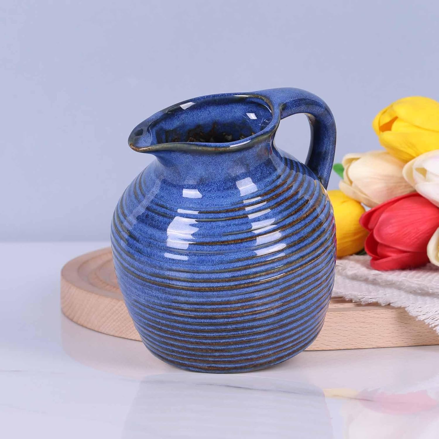 LCCCK Blue Ceramic Vase with Handle