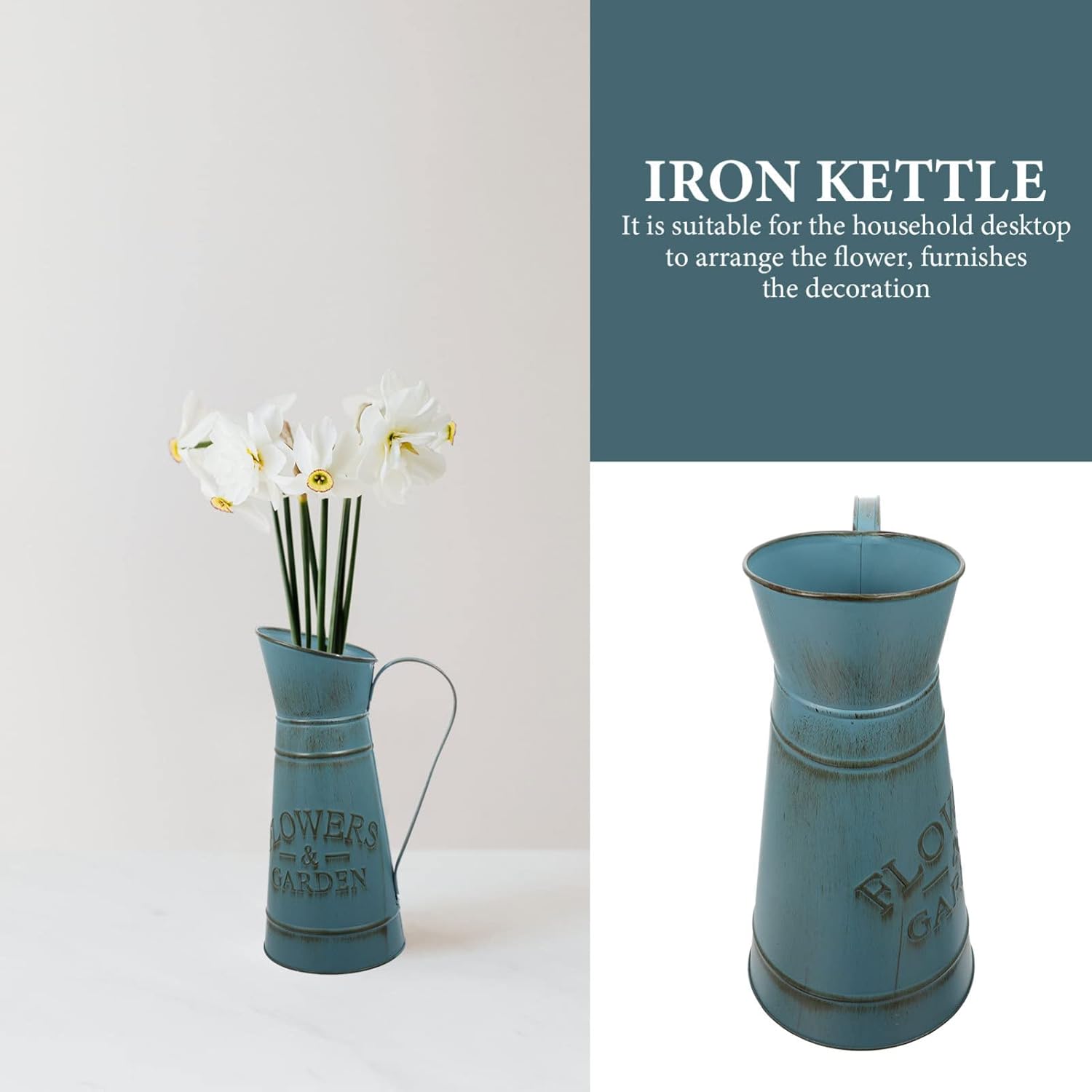 Vintage Blue Iron Pitcher Vase for Farmhouse Decor