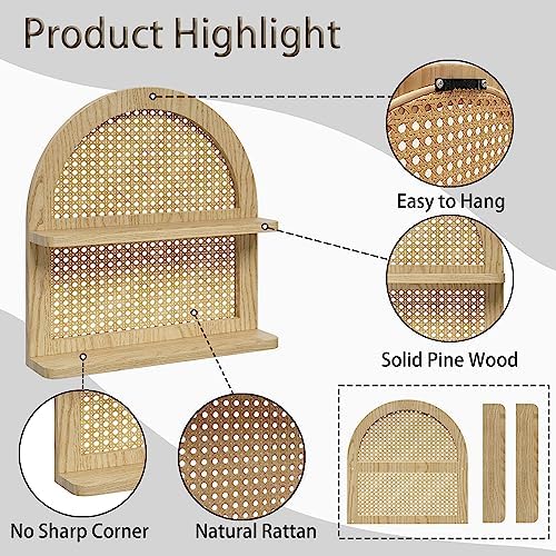 Wood Boho Rattan Wall Shelf 2 Tier Natural Color