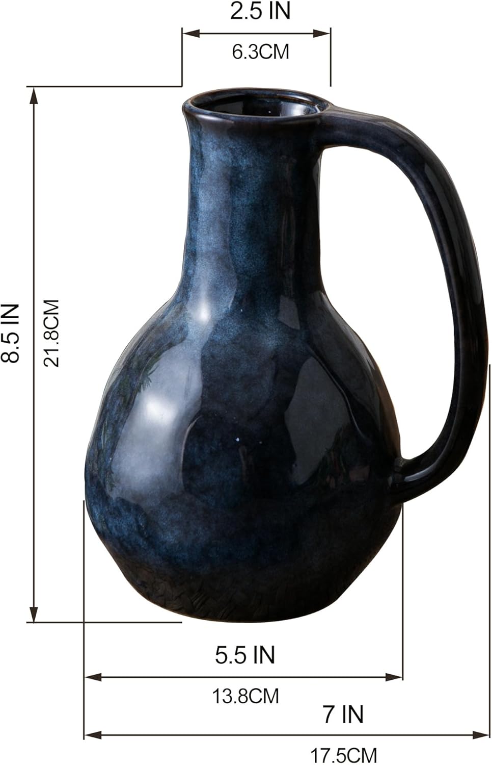 Blue Ceramic Vase with Big Handle Rustic Farmhouse Decor