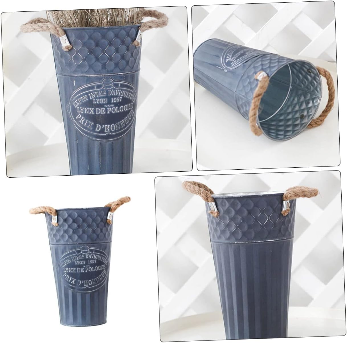 VINTORKY Iron Planter Flower Container Rustic Vintage Blue Vase for Home Decor