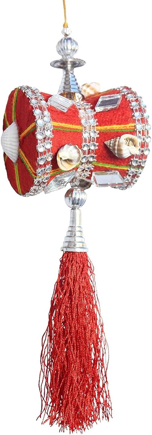 Car Interior Hanging Mirror Decoration Handmade Velvet Damru Accessory Red