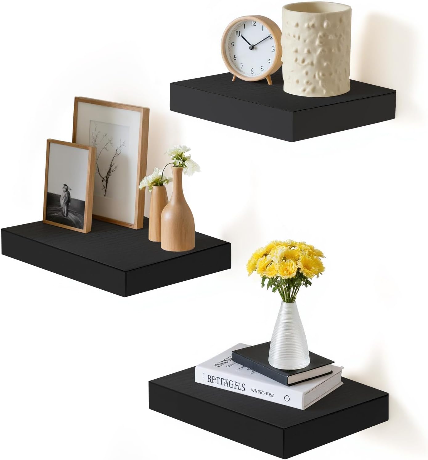 FurnitureR Floating Shelves Set of 3 Black Wall Mounted