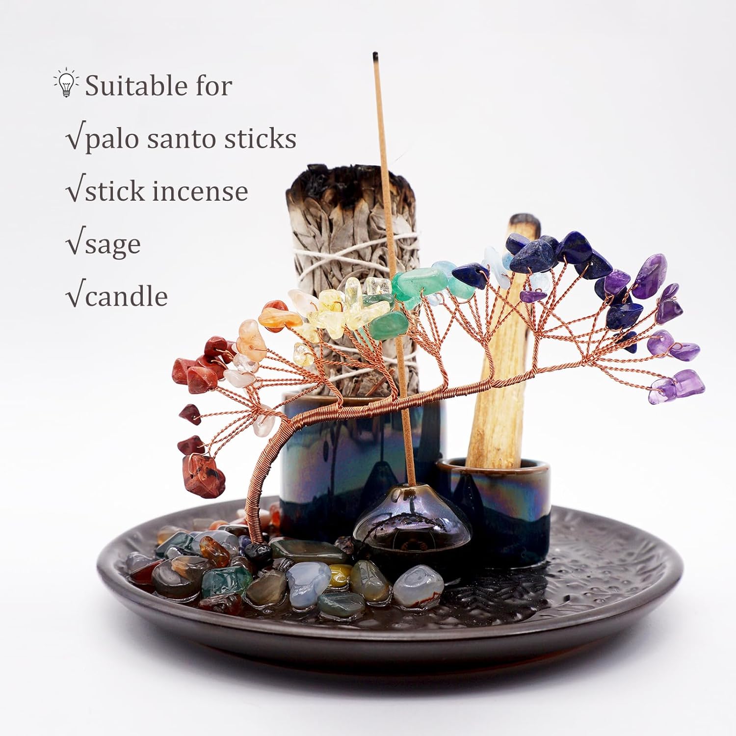59 Inch Multifunctional Ceramic Incense Burner with 7 Colored Crystal Tree