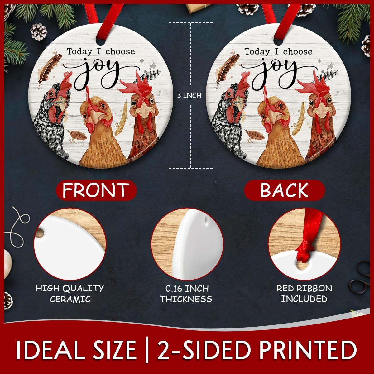 Charming Christmas Chicken Ornament - Rooster Decor with Today I Choose Joy Message