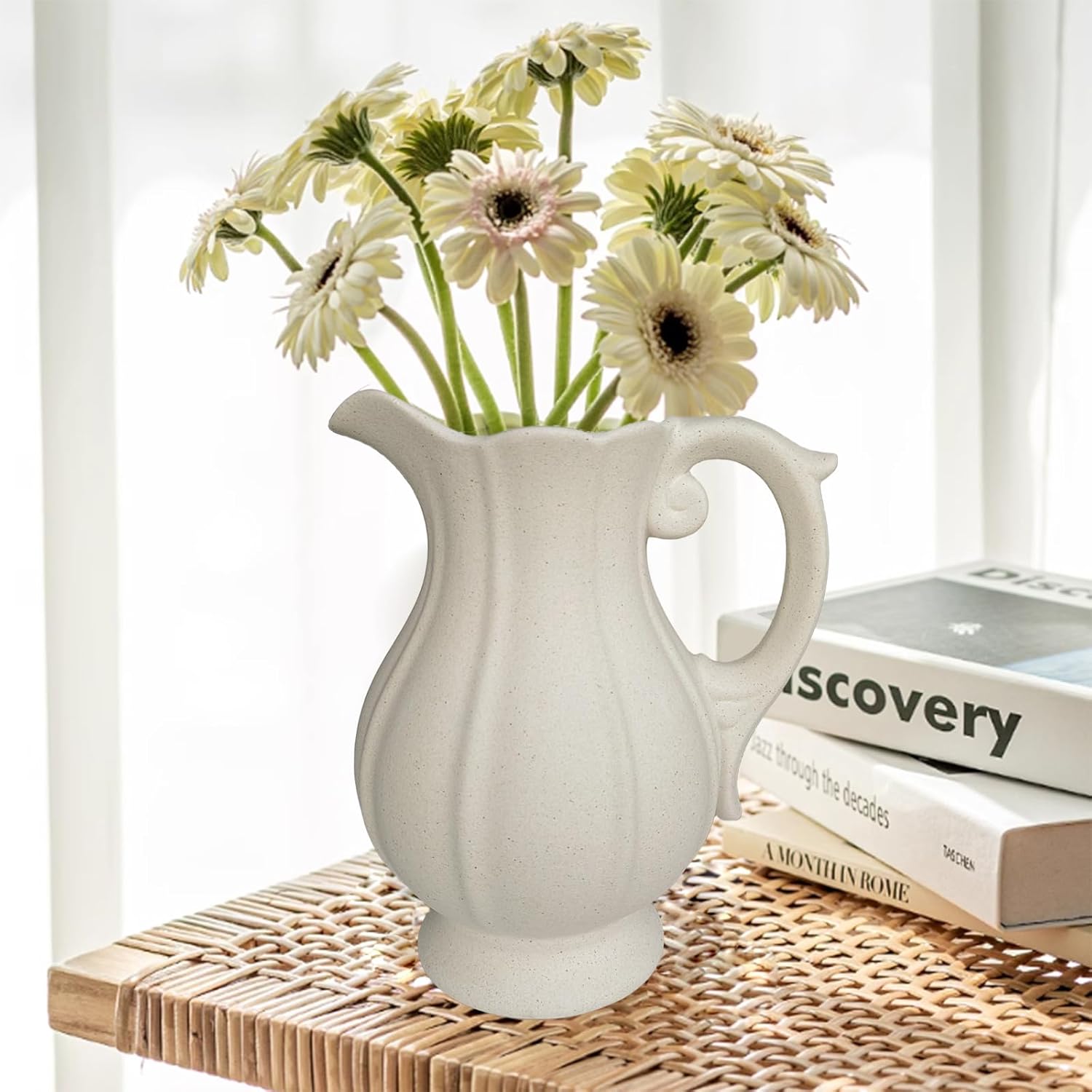 Large Rustic Ceramic Vase with Handle for Home Decor