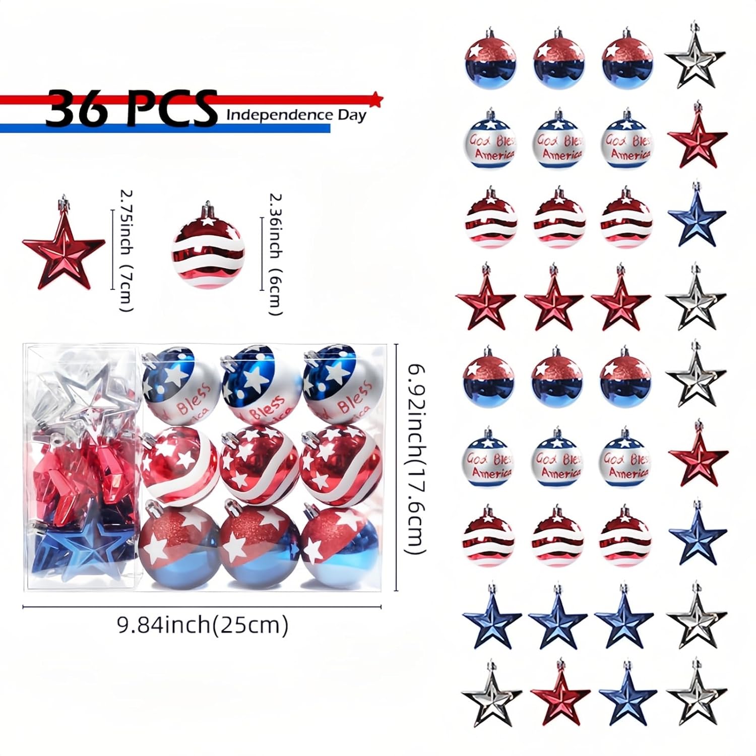 36 PCS 4th of July Tree Decorations with Red White Blue Stars for Home and Party Use