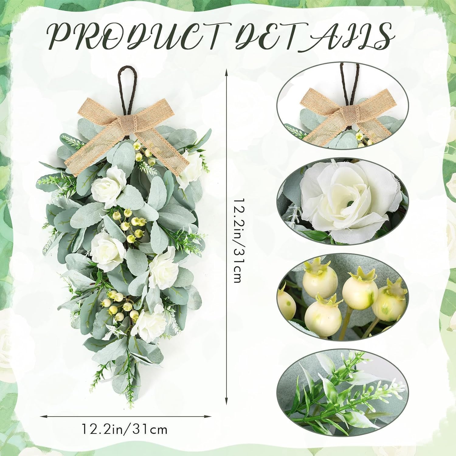 4 Pcs 24 Inch Artificial White Rose Teardrop Wreaths