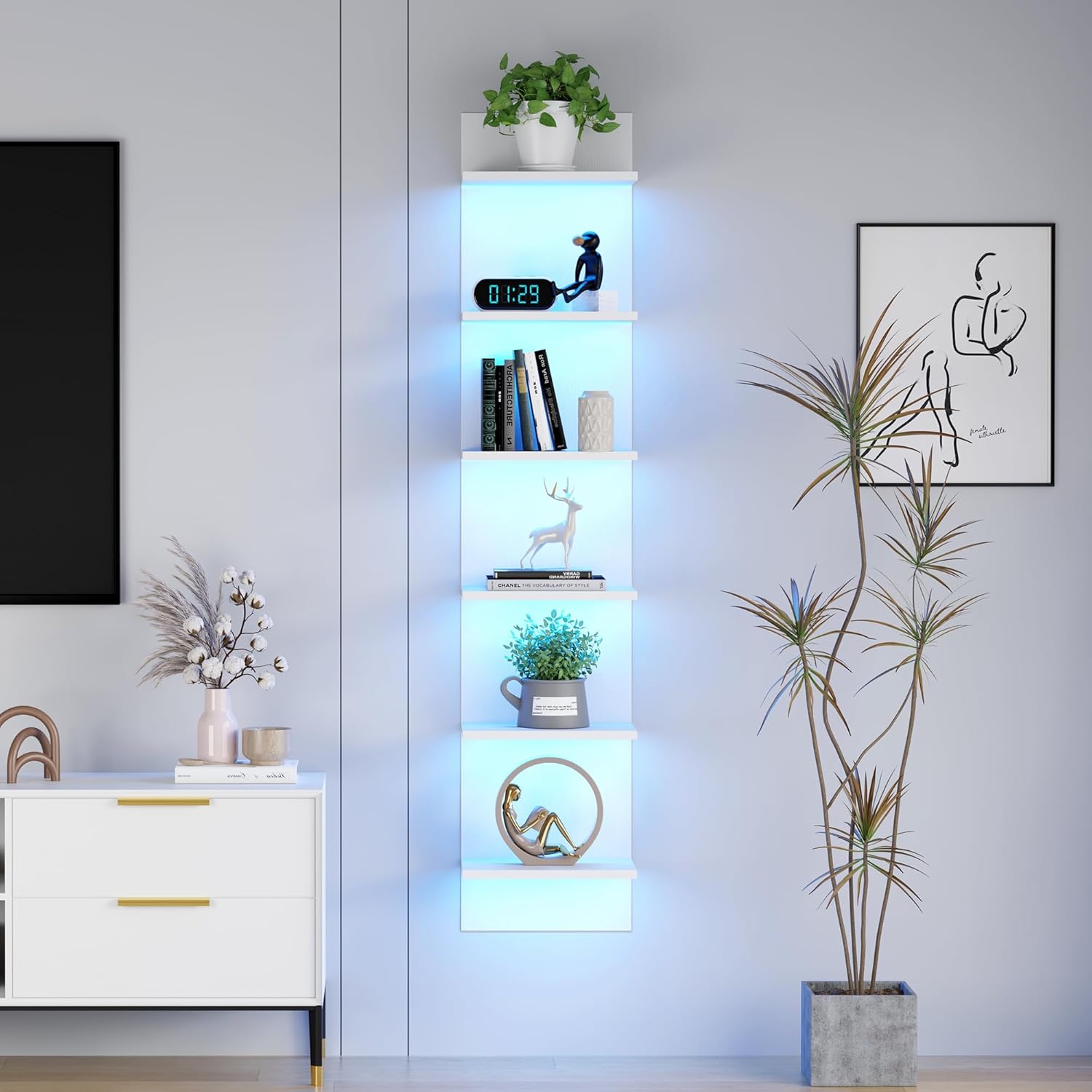 6 Tier Wall Shelf with LED Light White
