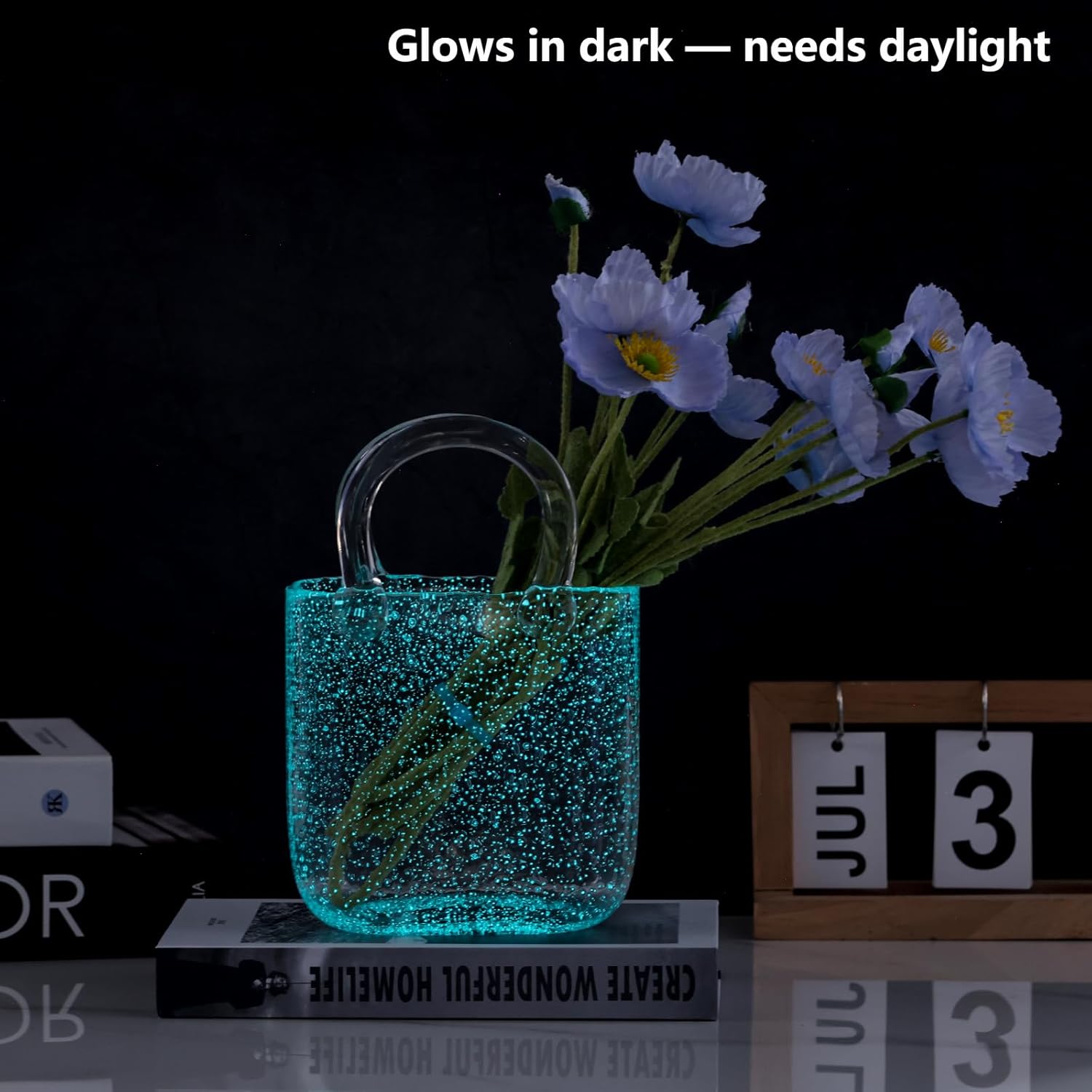 Light Up Glass Purse Vase with Handle for Home Decor