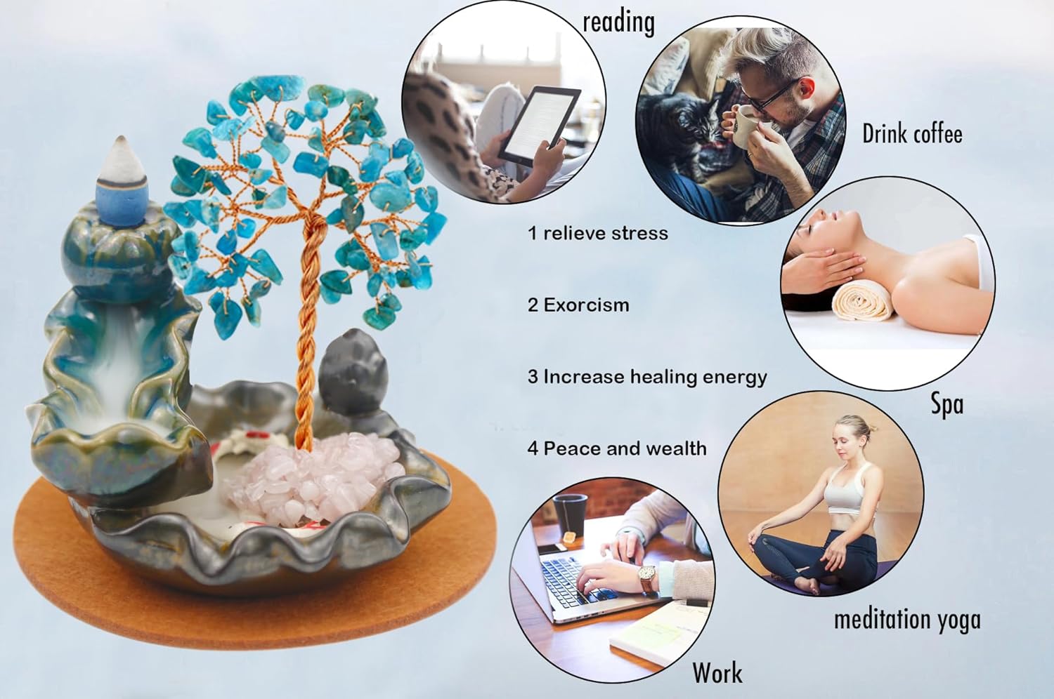 Crystal Tree Waterfall Incense Burner with 30 Cones 30 Sticks Healing Crystal Necklace