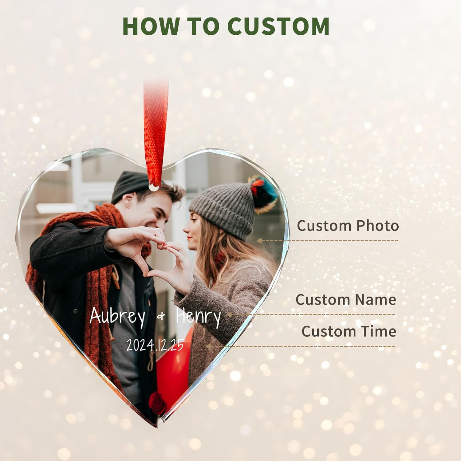 TEQUAN Personalized Crystal Photo Ornament - Custom Picture Heart Decoration