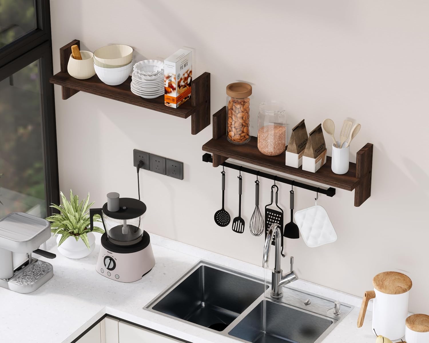 Rustic Floating Shelves 228x67 Solid Wood Bookshelves for Books Plants Photos and Decor