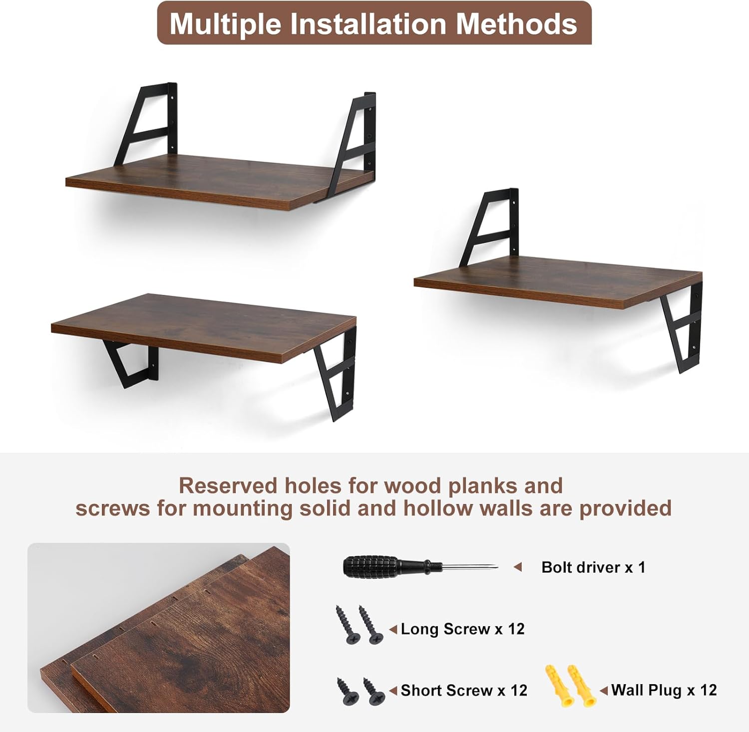 Set of 2 Deep Floating Shelves with Metal Brackets