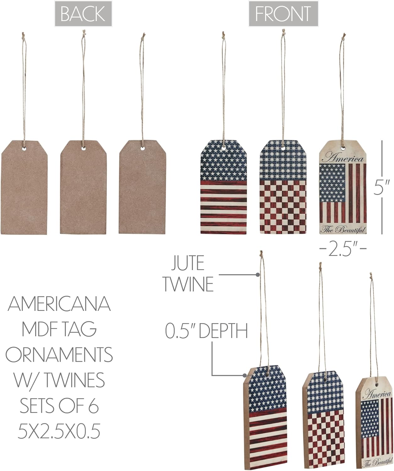 VHC Brands Patriotic Americana MDF Tag Ornaments 6 Pack