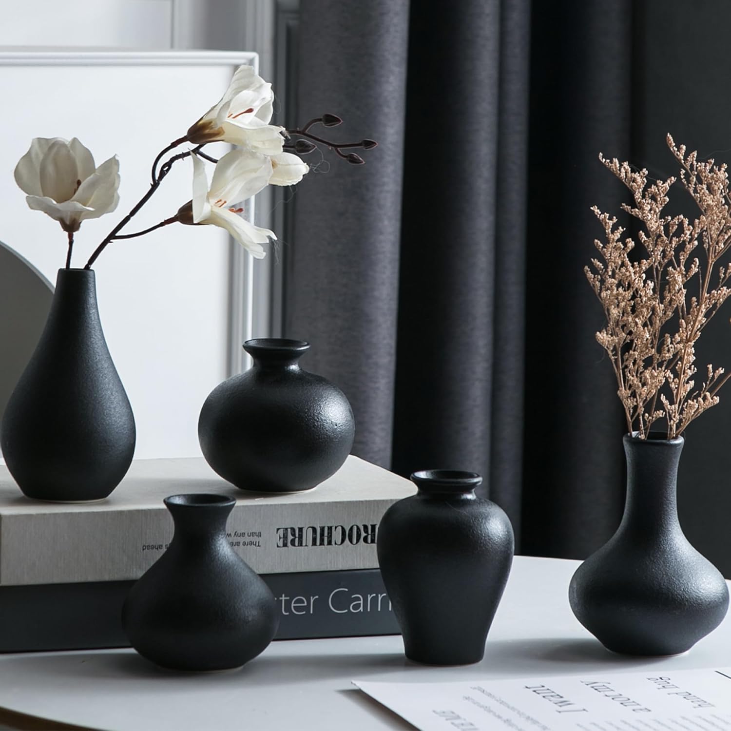 Tanvecle Small Black Ceramic Vase Set of 5