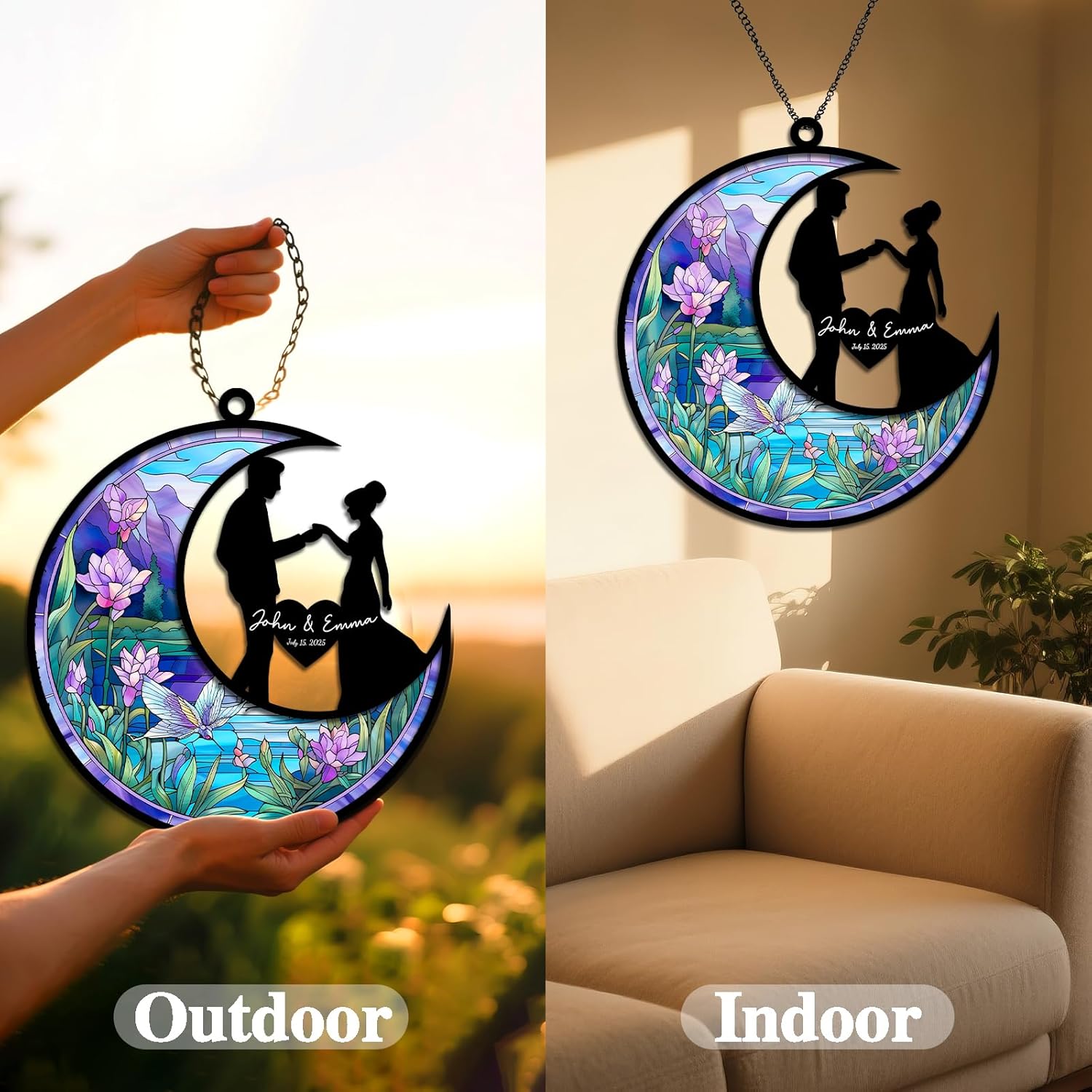Custom Stained Glass Wedding Suncatcher - Personalized Couple Names Date