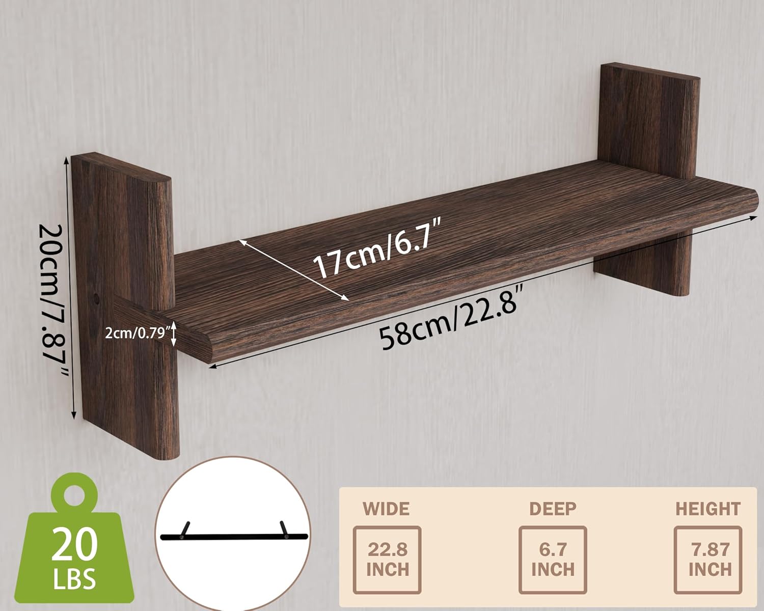 Rustic Floating Shelves 228x67 Solid Wood Bookshelves for Books Plants Photos and Decor