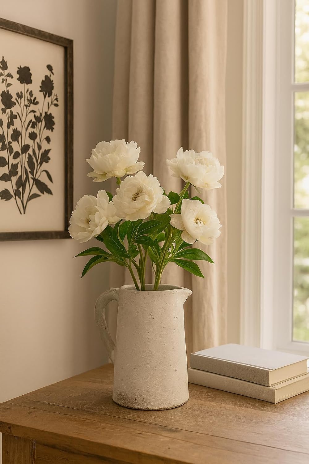 Vintage White Ceramic Pitcher Vase with Handle 12 Tall