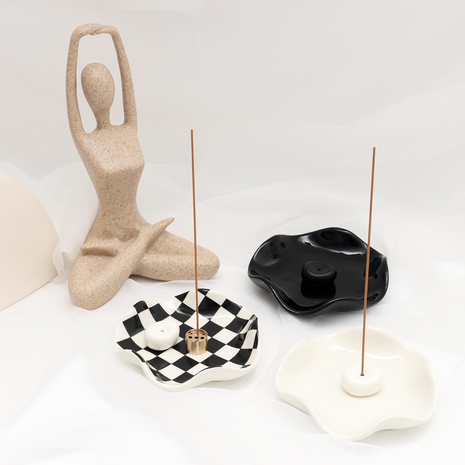Elegant Ceramic Incense Holder Set with Wave Shape and Brass Holder - White